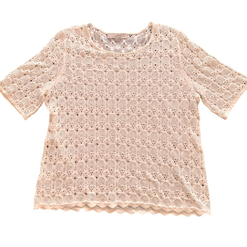 Loft Crochet Open Knit Sweater Top Womens Large Cream Excellent Scalloped Hem